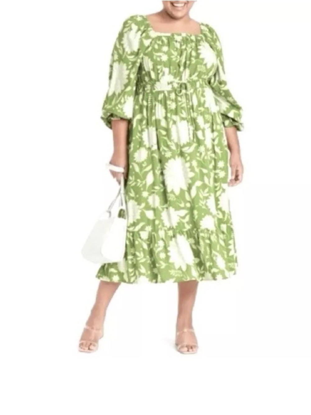 Ava & Viv Green and White Floral Long Sleeve Midi Dress